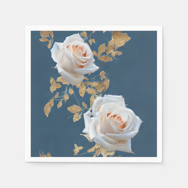 Weiße Rosen und goldene Blätter auf blauem Hinterg Serviette (Vorderseite)