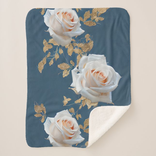 Weiße Rosen und goldene Blätter auf blauem Hinterg Sherpadecke (Vorderseite)