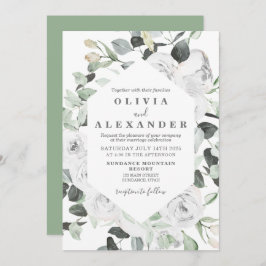 Weiße Rosen und Grünpflanzen Hochzeit Einladung