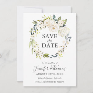 Weiße Rosen und Hydrangeas Save the Date