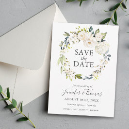 Weiße Rosen und Hydrangeas Save the Date