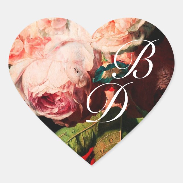 WEISSE ROSEN UND MORGEN GLORY MONOGRAM Herz-Aufkleber (Vorderseite)