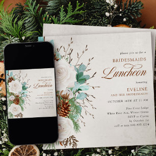 Weiße Rosen und Tannenzapfen Brautjungfern-Lunch Einladung
