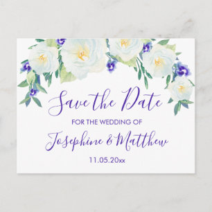 Weiße Rosen und Violetten Save the Date Ankündigungspostkarte