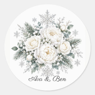 Weiße Rosen Weihnachten Winterhochzeit Runder Aufkleber