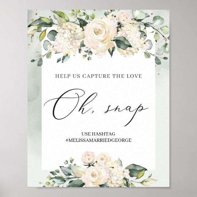 Weiße Rosenblätterung mit Aquarellgrün Poster (Vorne)