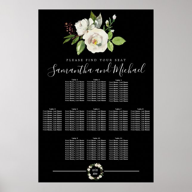 Weiße Rosenblüte auf schwarzen 11-Tisch-Sitzplaket Poster (Vorne)