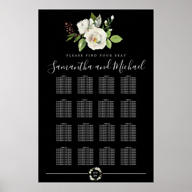 Weiße Rosenblüte auf schwarzen 16-Tisch-Sitzplaket Poster (Vorne)