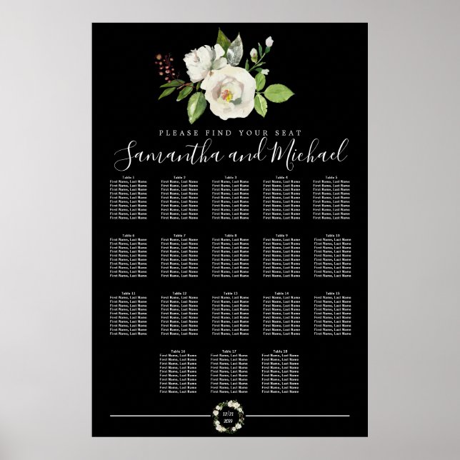 Weiße Rosenblüte auf schwarzen 18-Tisch-Sitzplaket Poster (Vorne)
