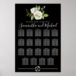 Weiße Rosenblüte auf schwarzen 19-Tisch-Sitze-Char Poster