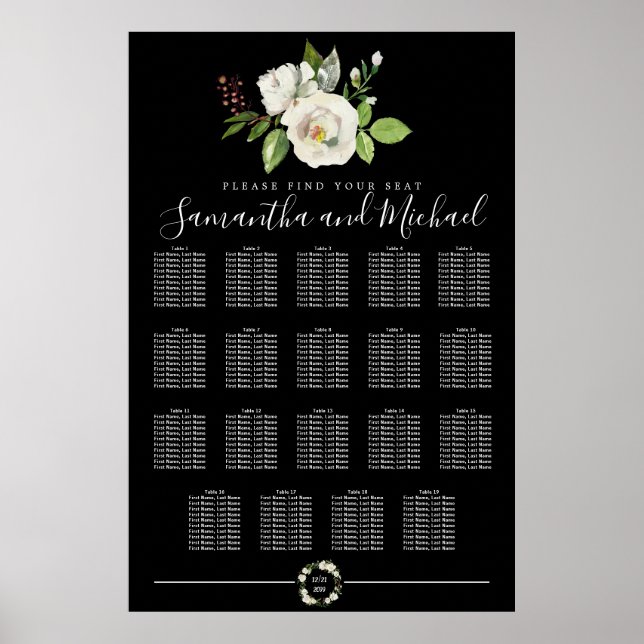 Weiße Rosenblüte auf schwarzen 19-Tisch-Sitze-Char Poster (Vorne)