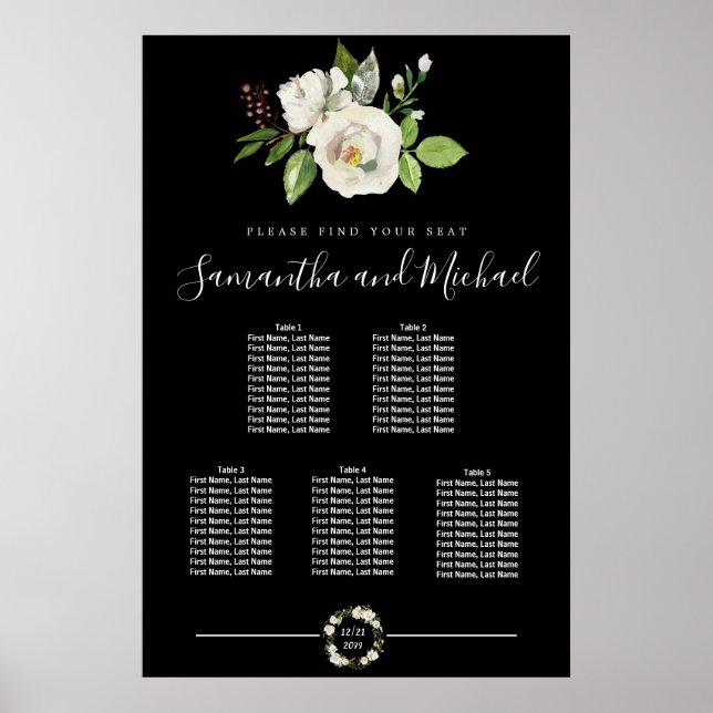 Weiße Rosenblüte auf schwarzen 5-Tisch-Sitze-Chart Poster (Vorne)