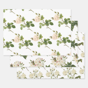 Weiße Rosenmuster Geschenkpapier Set