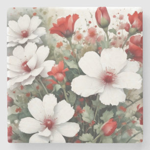 Weiße & Rote Blumen Elegante Wasserfarbe Steinuntersetzer