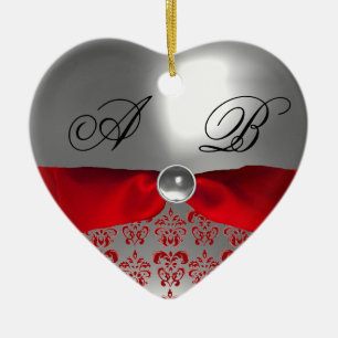 WEISSE ROTE RIBBON DAMASK GEM STONE MONOGRAM KERAMIK ORNAMENT