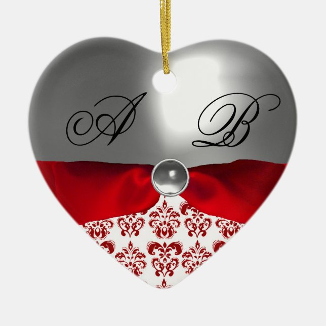 WEISSE ROTE RIBBON DAMASK GEM STONE MONOGRAM KERAMIKORNAMENT (Vorne)