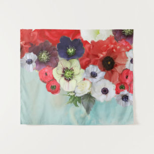 WEIßE ROTE ROSEN ,ANEMONENBLUMEN ,TÜRKIS AQUA BLAU WANDTEPPICH