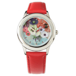 WEISSE ROTE ROSEN, BLAUE ANEMONE BLUME MONOGRAMM ARMBANDUHR
