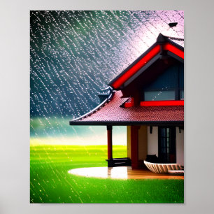 Weiße rote Schneemärchenhaus regnet grünen Garten Poster