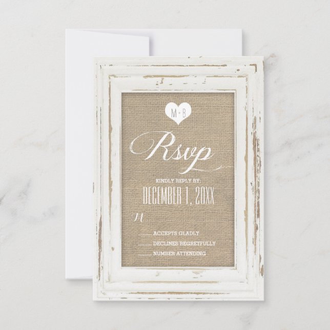 Weiße Rustikale Rahmen Burlap Wedding RSVP Karte (Vorderseite)