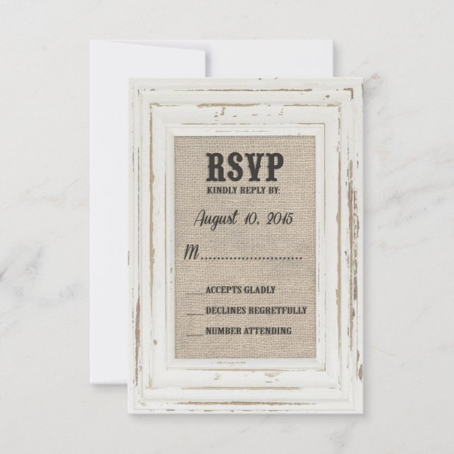 Weiße rustikale Rahmen & Burlap Wedly Kelly Custom RSVP Karte (Vorderseite)