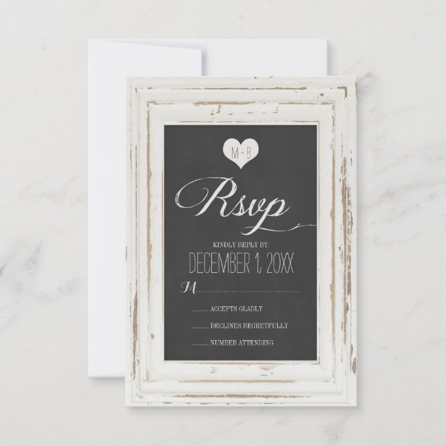 Weiße Rustikale Rahmen-Chalk-Hochzeitkarte RSVP (Vorderseite)