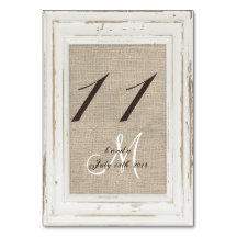 Weiße Rustikale Rahmen- und Burlap-Tischnummer-Kar