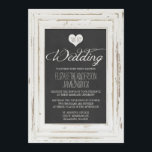 Weiße Rustikale Rahmenhalde Einladung zur Hochzeit<br><div class="desc">Diese schicke,  jahrhundertealte Einladung zur Hochzeit zeigt ein gedrucktes Bild eines weiß gekalkten rustikalen Holzrahmens mit einem Chalkboard-Look-Insert. Der typografische Stil der Schrift verleiht Eleganz und Romantik. Ideal für eine Vintage,  rustikale oder landschaftliche Hochzeit. Stellen Sie sicher,  dass Sie alle passenden Accessoires haben:</div>