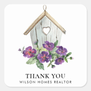 WEISSE RUSTISCHE BLUMENBIRDHOUSE DANK IHNEN REALTO QUADRATISCHER AUFKLEBER