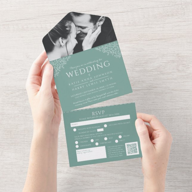 Weiße Sage-Blätter Foto Essen UAWG QR Hochzeit All In One Einladung (Abreißen)