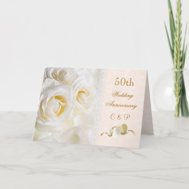 Weiße SahneRosen, Herzen 50. Hochzeits-Jahrestag Einladung (Vorderseite)
