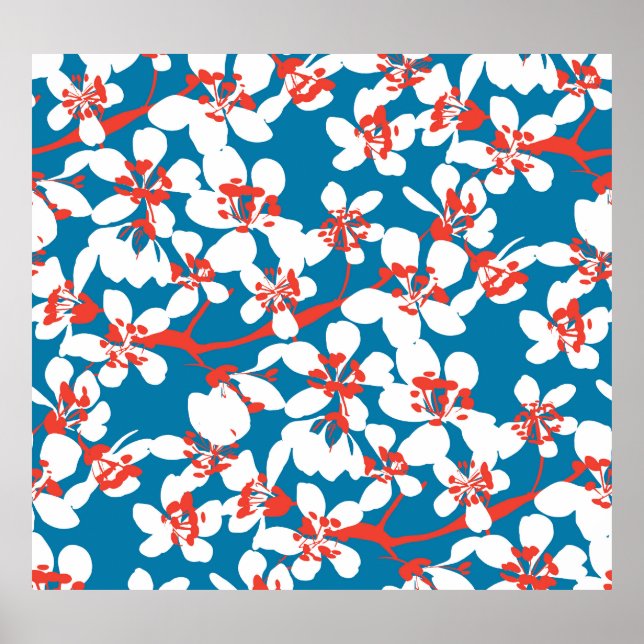 Weiße Sakura, klassisch blaues Hintergrundmuster. Poster (Vorne)