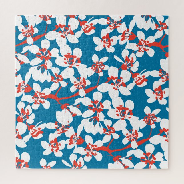 Weiße Sakura, klassisch blaues Hintergrundmuster. Puzzle (Vertikal)