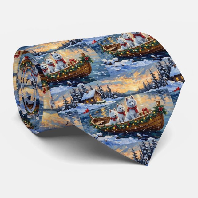 Weiße Samojeden Weihnachtsboot Urlaub Krawatte (Gerollt)