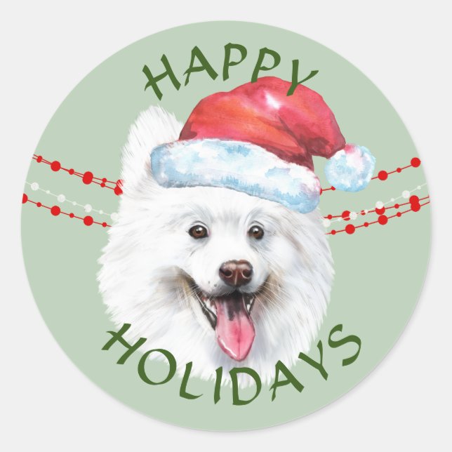 Weiße Samoyed Hund Weihnachtsmannmütze Happy Holid Runder Aufkleber (Vorderseite)