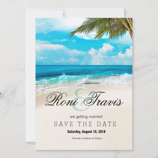 Weiße Sandstrand Palmenbaum Save the Date (Vorderseite)