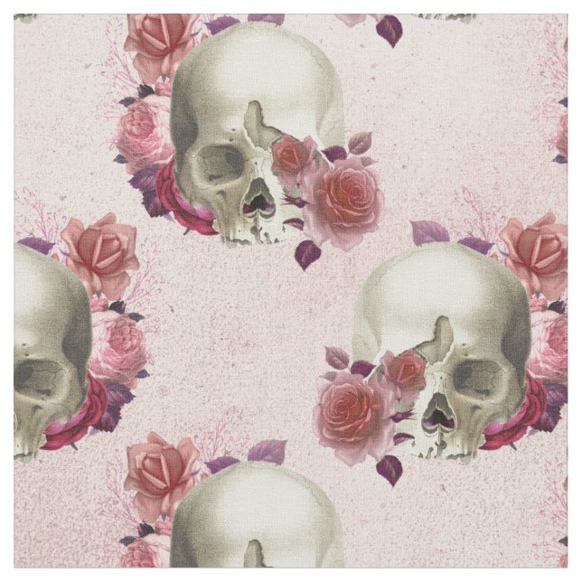 Weiße Schädel und rosa Blüten Stoff (Nahaufnahme)