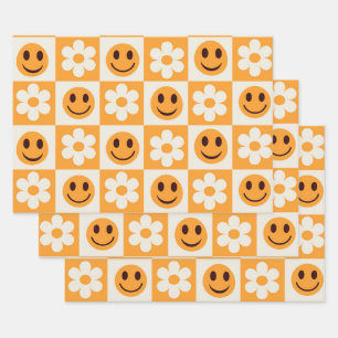 Weiße Scheckblumen und orange lächelnde Gesichter Geschenkpapier Set
