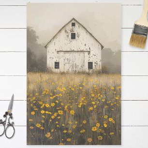 Weiße Scheune Gelbe Wildblumen Rustikale Decoupage Seidenpapier