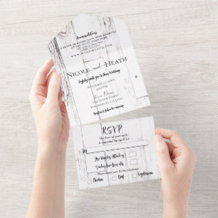 Weiße Scheunenholz Farmhaus Scheune Hochzeit      All In One Einladung