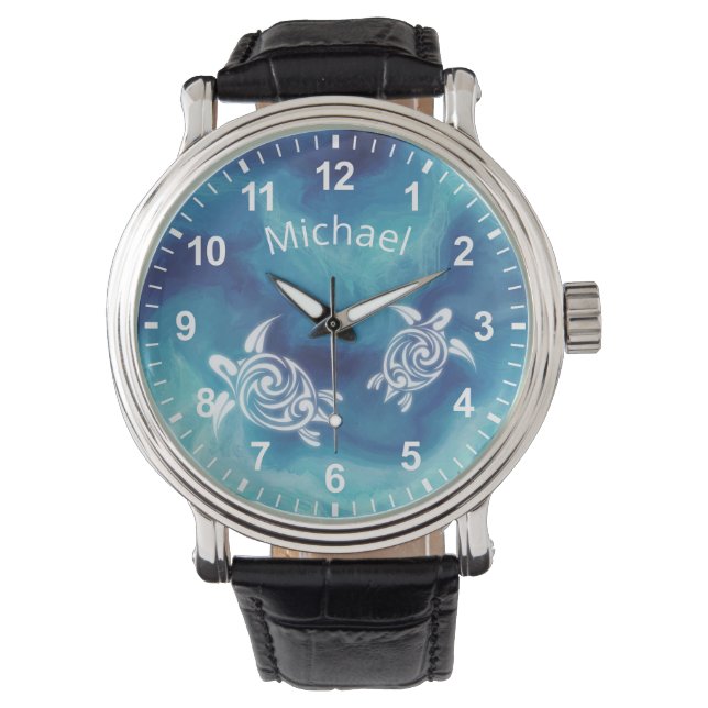 Weiße Schildkröten in blauem Meer Aquarell Ihr Nam Armbanduhr (Vorderseite)