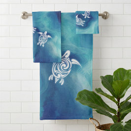 Weiße Schildkröten in blauem Ozean Aquarellküste Badhandtuch Set