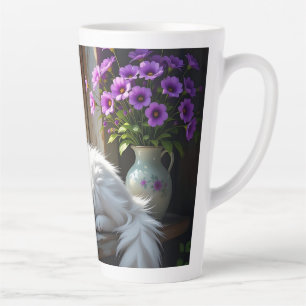Weiße schlafende Katze und lila Blumen Personalisi Milchtasse