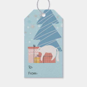 Weiße schlaflose Katze auf Geschenken unter Weihna Geschenkanhänger