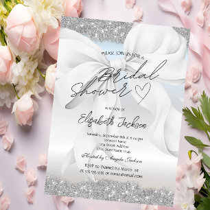 Weiße Schleife Silber Glitter Hochzeitsdusche  Einladung
