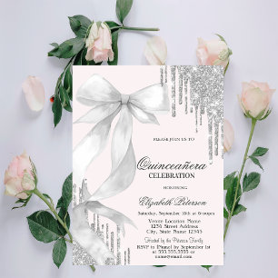 Weiße Schleife Silber Glittertropfen Quinceañera Einladung