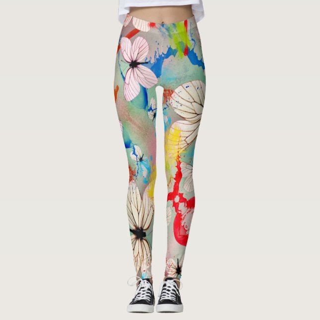 Weiße Schmetterlinge Farbige Tropfen und Pinselstr Leggings (Vorderseite)