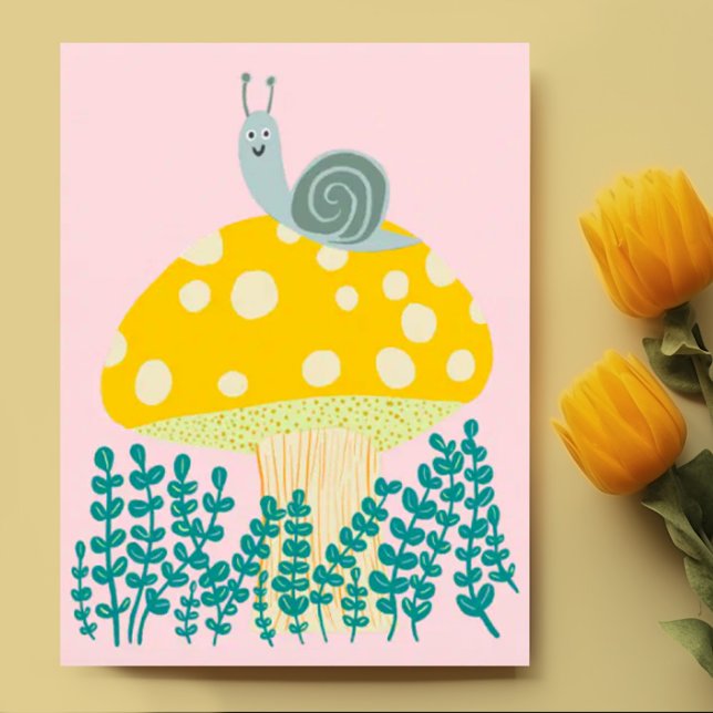 Weiße Schnecke auf Magischen Pilz Niedlich Postkarte (Cute snail on fun mushroom custom postcard design)