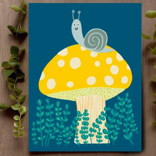 Weiße Schnecke auf Magischen Pilz Niedlich Postkarte (Cute snail on top of a mushroom, colorful drawing, Customize with your own text on the front or back)