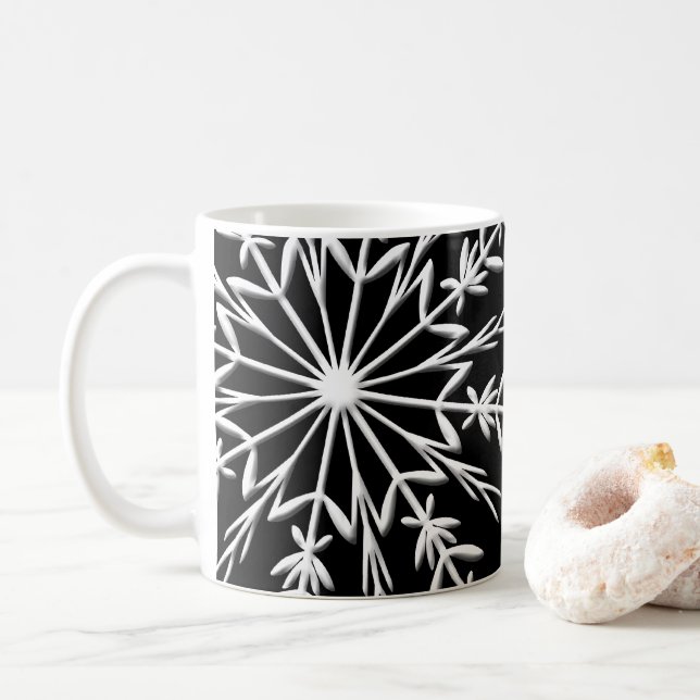 Weiße Schneeflocke auf Schwarz-Happy Holidays Kaffeetasse (Mit Donut)